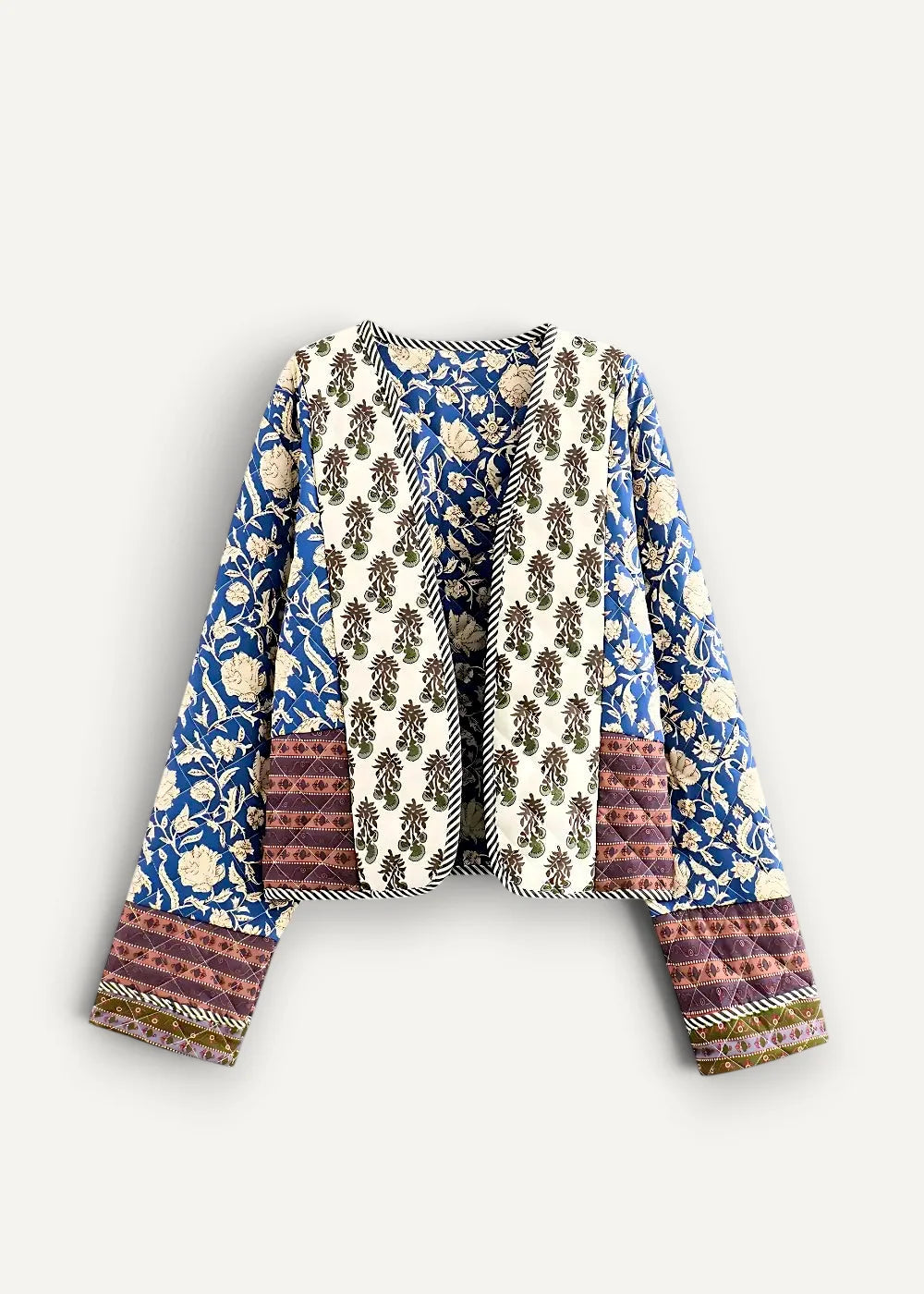 Boho kimono jacket with patchwork quilted blue and cream floral patterns and burgundy geometric accents on sleeves and hem