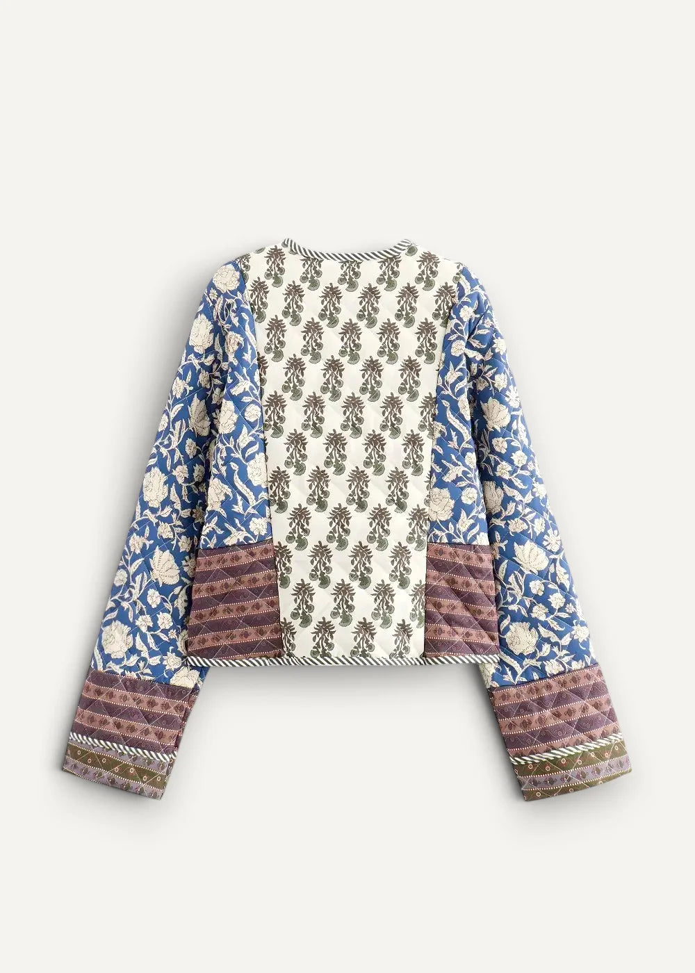 Boho kimono jacket with quilted patchwork in blue floral cream botanical and mauve striped patterns