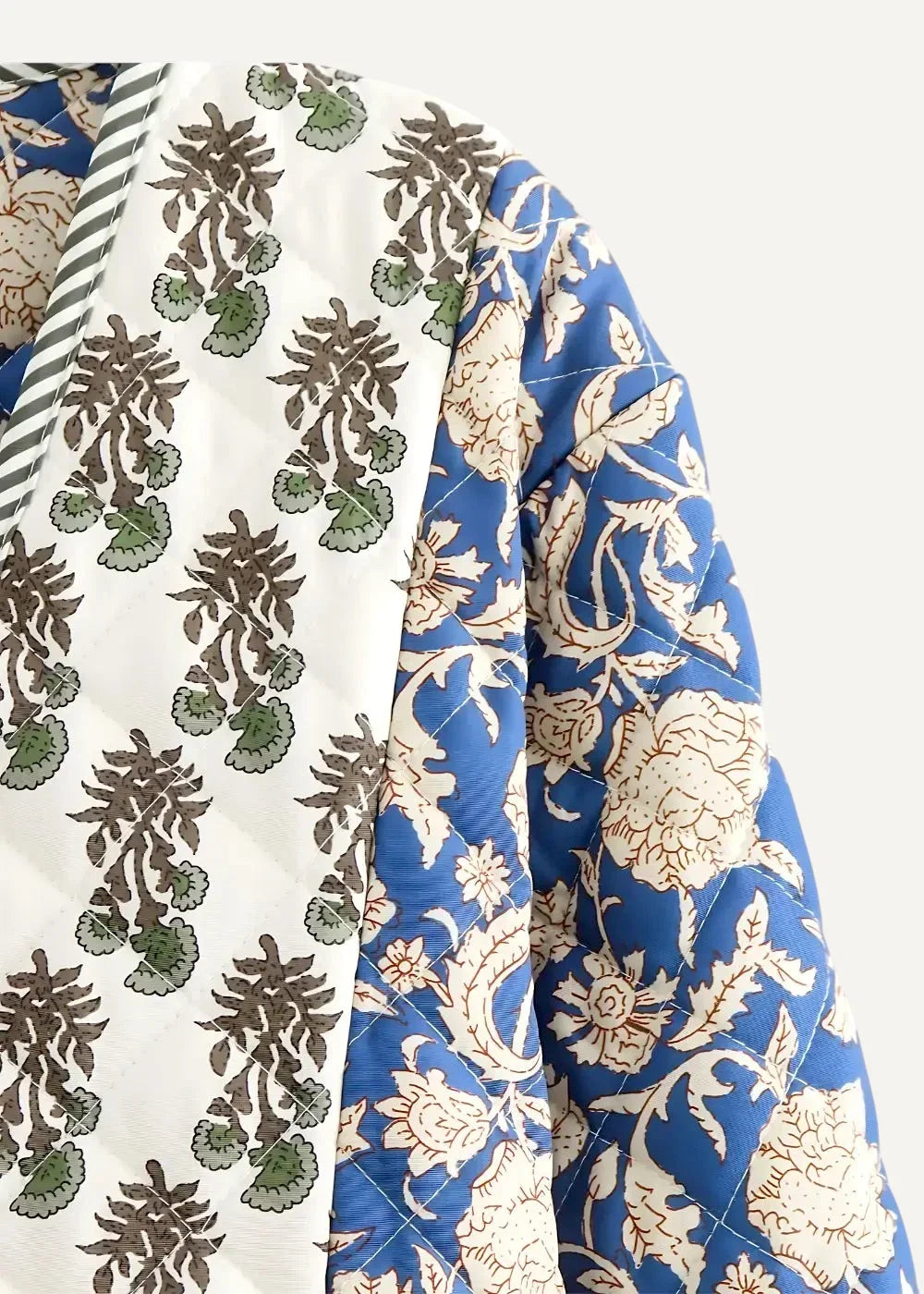 Boho kimono jacket quilted with blue and cream floral pattern and white panel with brown green botanical motifs