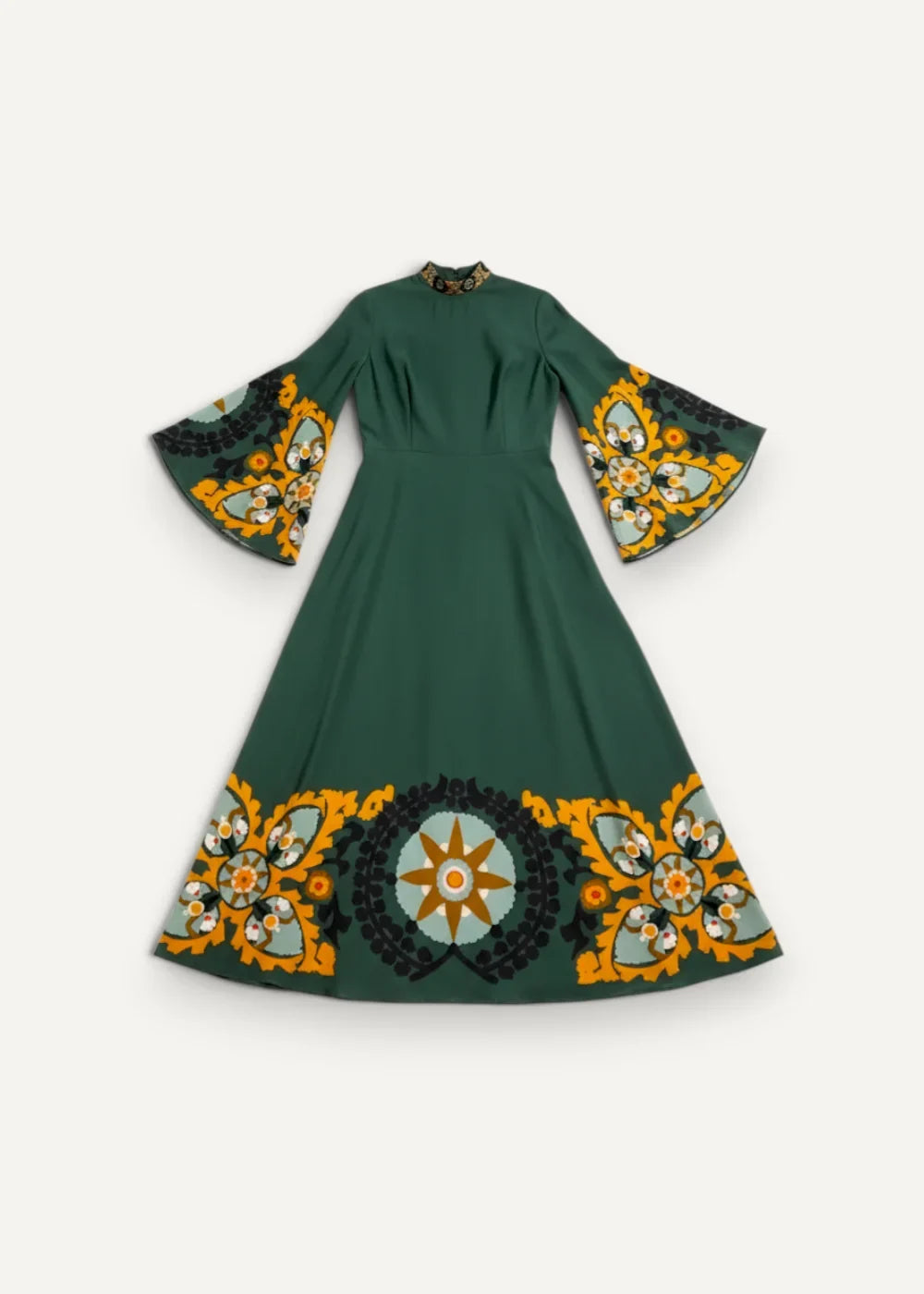 Boho kimono maxi dress in deep green with bell sleeves and yellow black floral embroidery on cuffs hemline and neckline