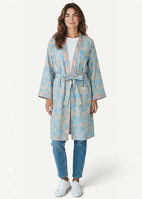 Boho kimono robe soft light blue and peach floral pattern with matching belt tied at the waist