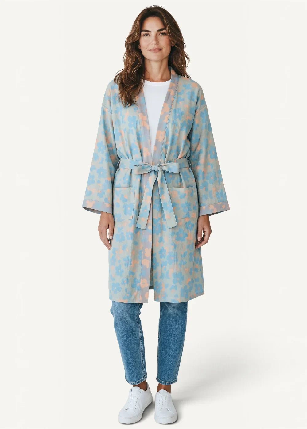 Boho kimono robe soft light blue and peach floral pattern with matching belt tied at the waist