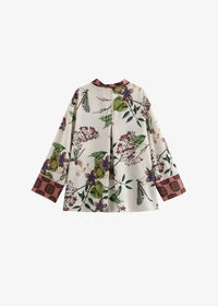 Boho short kimono cream blouse with botanical green leaves purple flowers and dragonflies on lightweight fabric