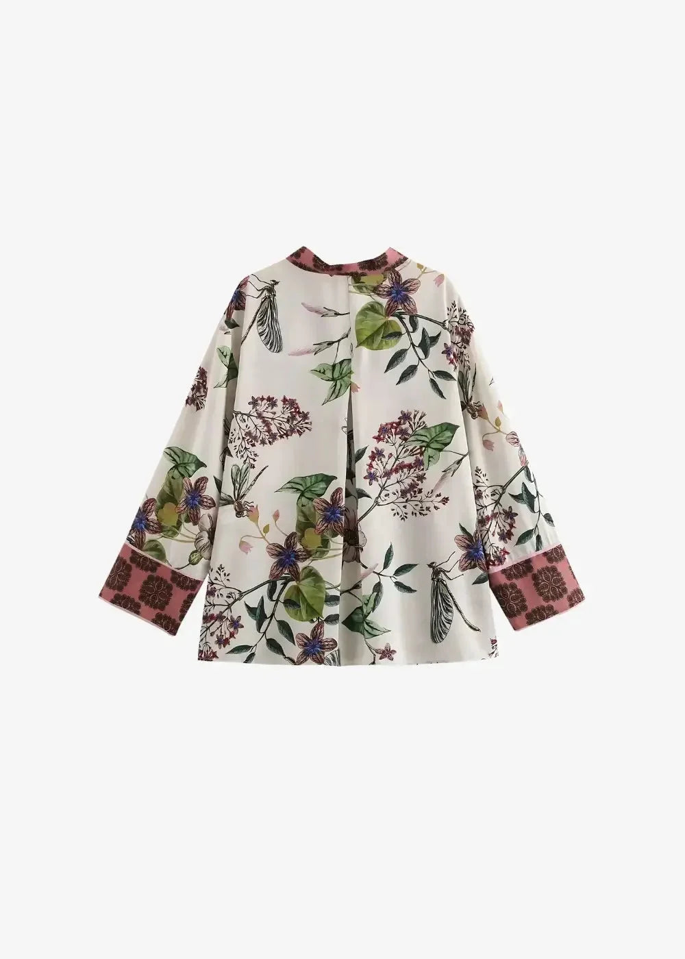 Boho short kimono cream blouse with botanical green leaves purple flowers and dragonflies on lightweight fabric