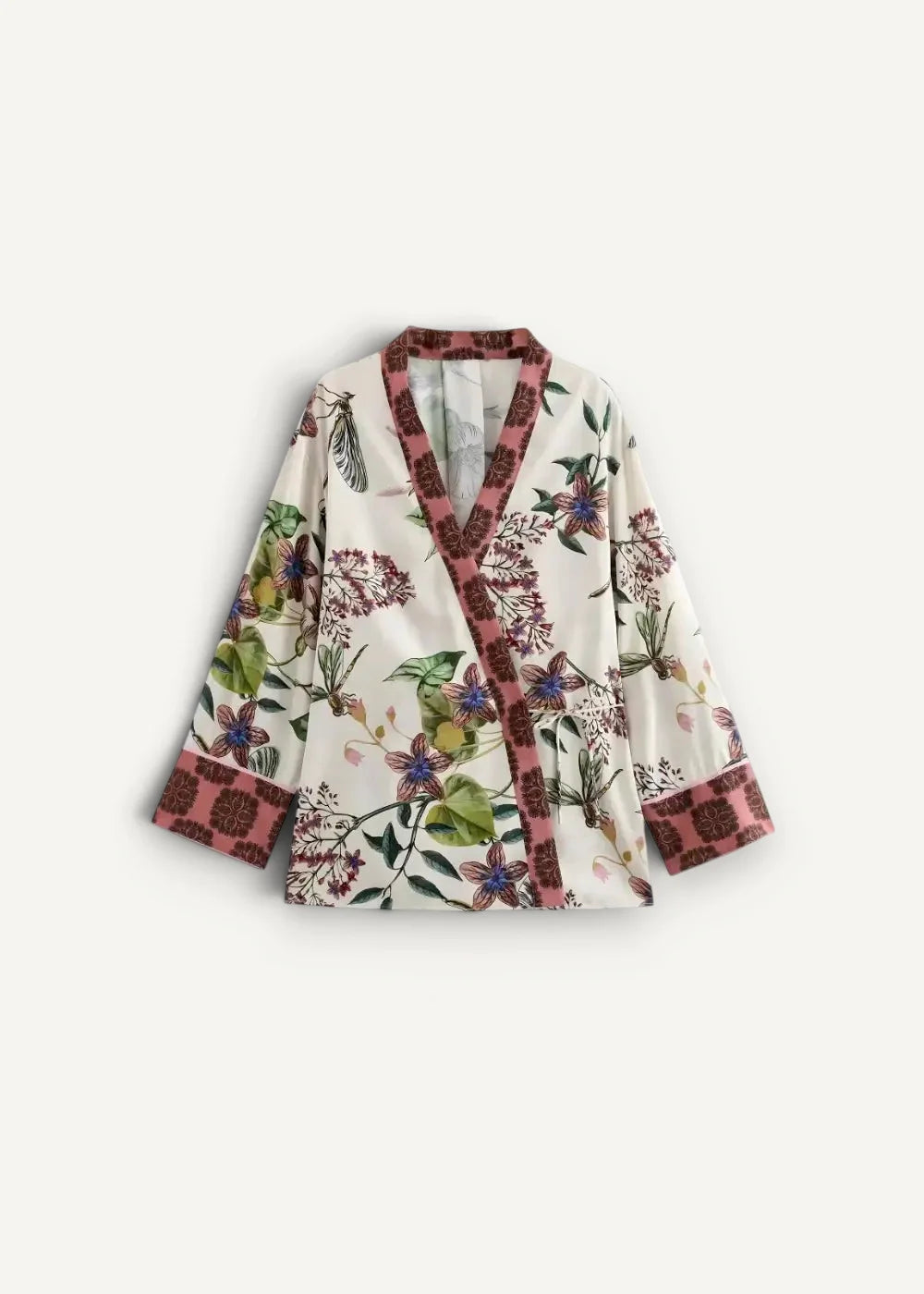 Cream-colored boho short kimono jacket with vibrant floral bird pattern and burgundy trim on collar cuffs and placket