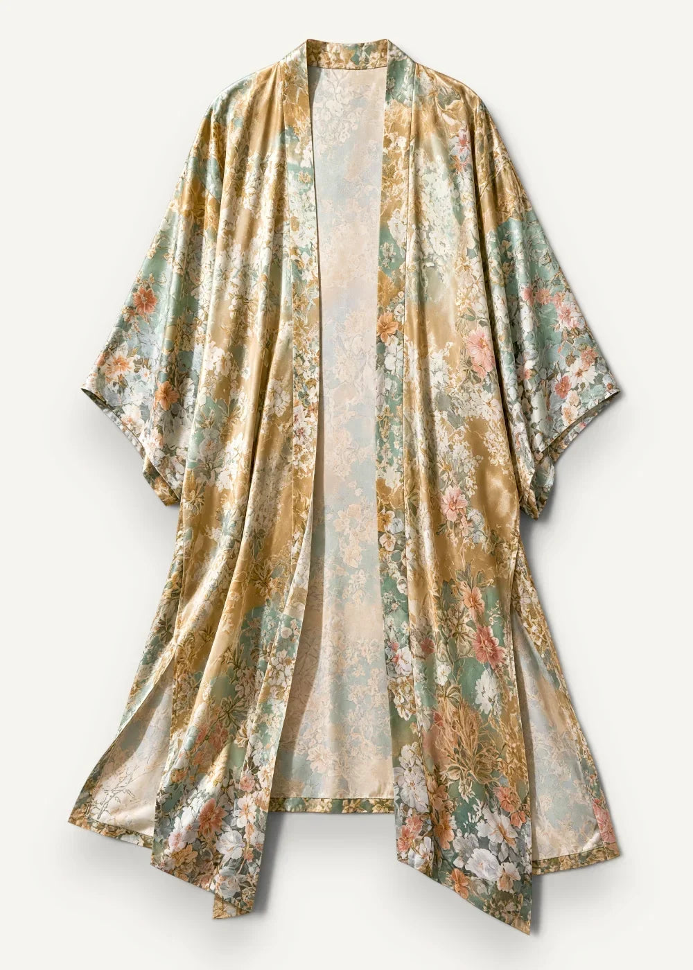 Boho style kimono cardigan flowing long sleeved robe in gold and muted green floral with delicate pink blossoms