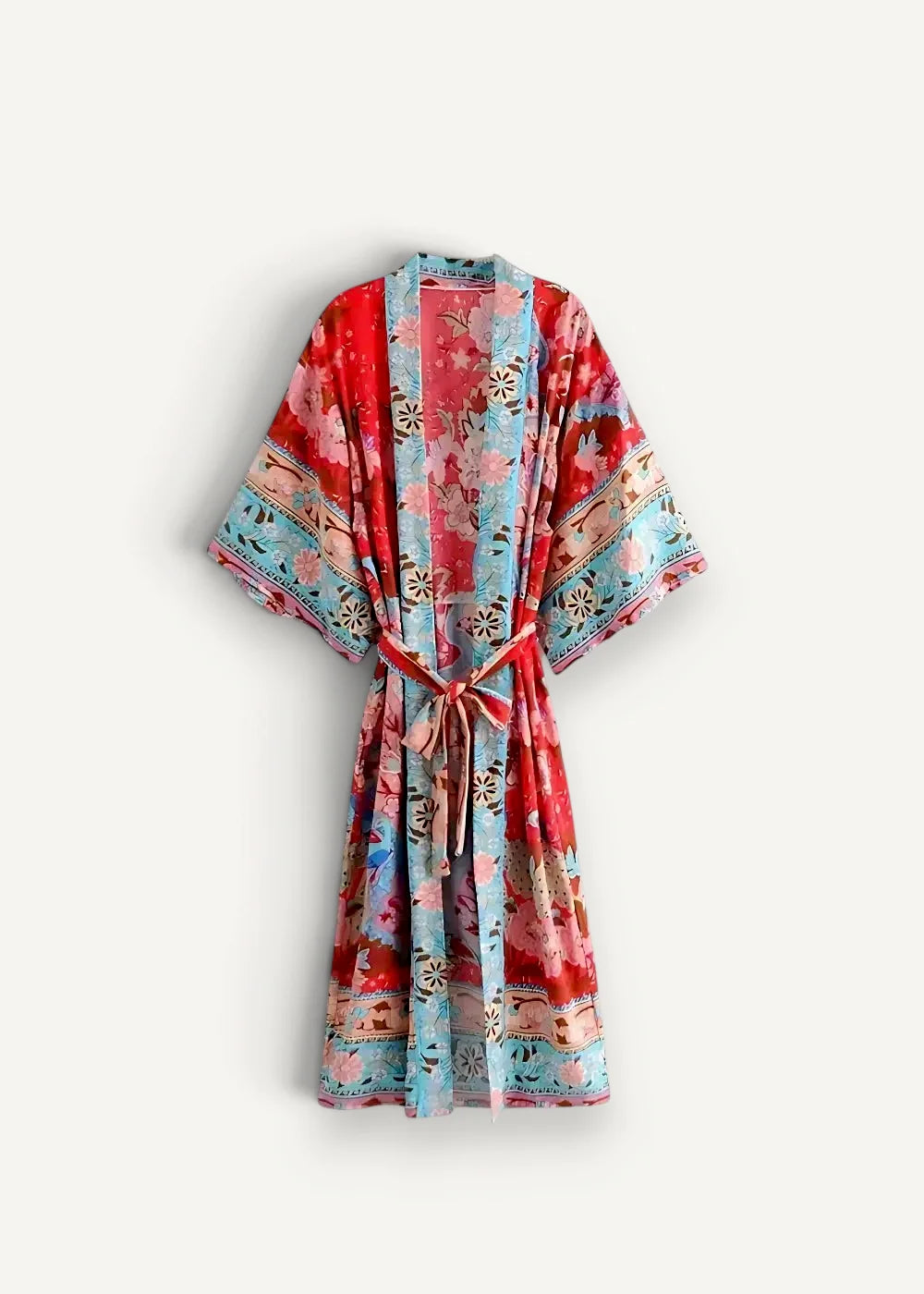A vibrant red and blue floral-patterned boho style kimono robe with a matching belt made of lightweight fabric