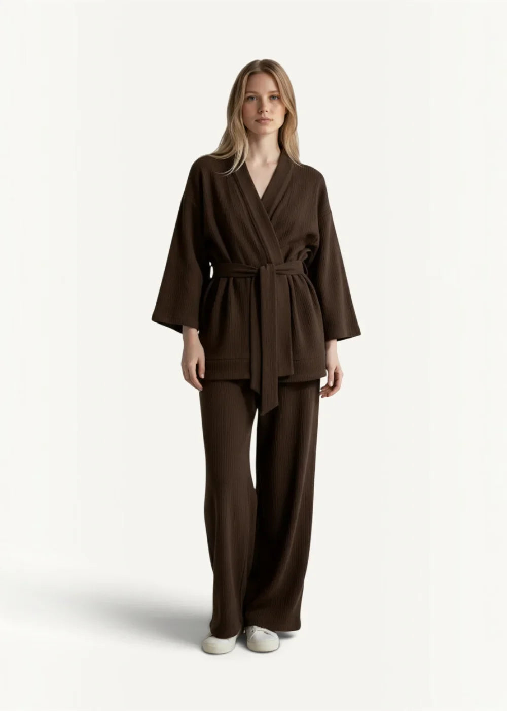 Brown kimono pajamas featuring a sleek chocolate brown wraparound robe with belt and wide-leg trousers
