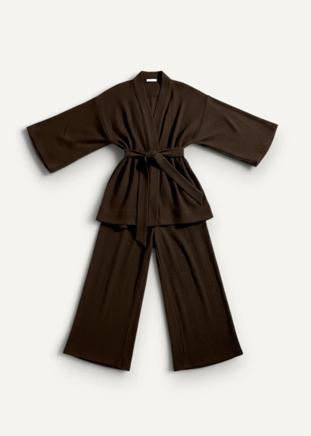 A sleek dark brown kimono pajama robe with wide sleeves and a matching belt for comfortable lounging