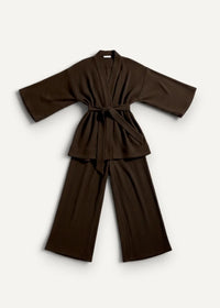 A sleek dark brown kimono pajama robe with wide sleeves and a matching belt for comfortable lounging