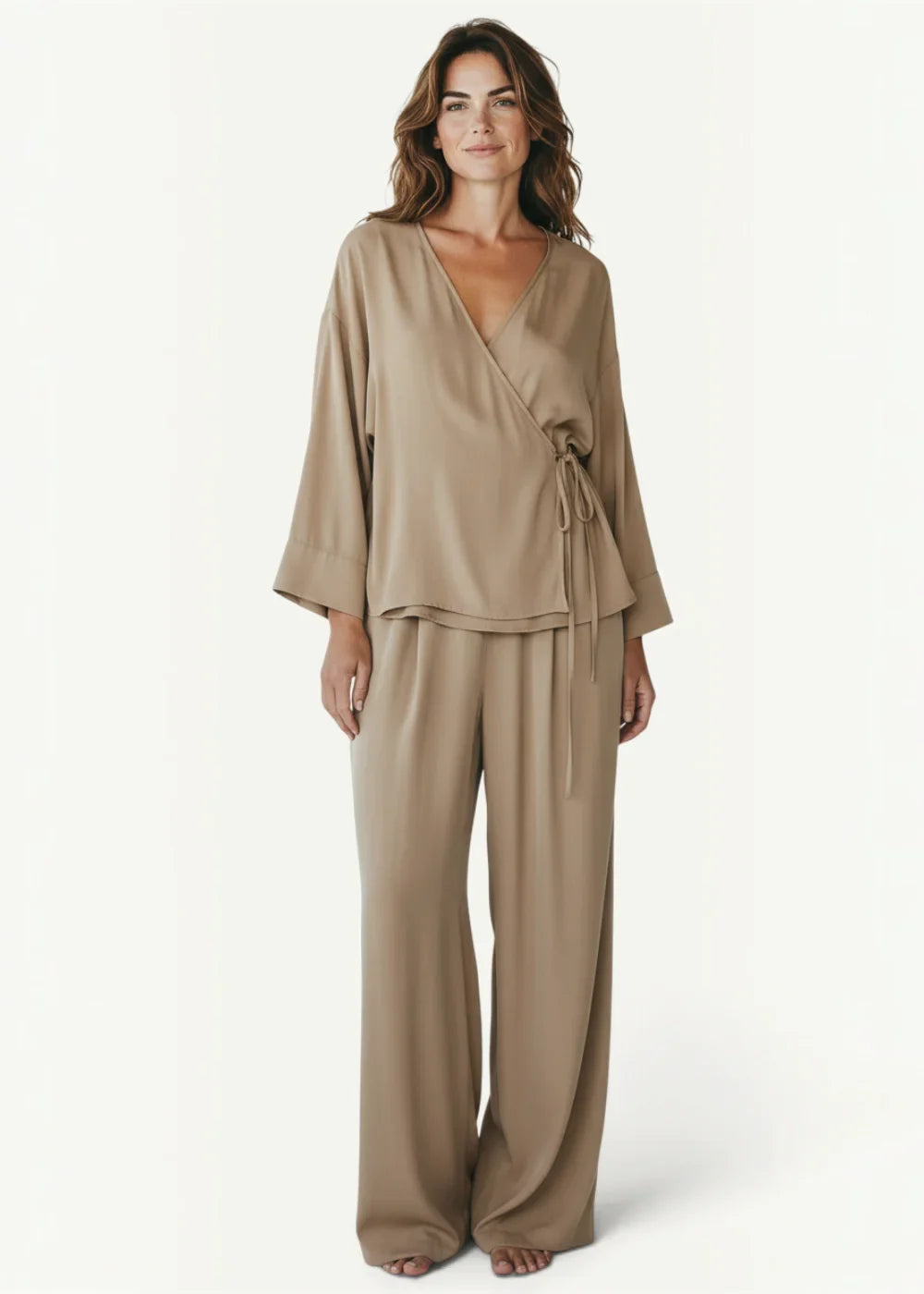 Beige satin brown kimono set with a flowing wrap top v-neckline and matching wide-leg trousers for an elegant look