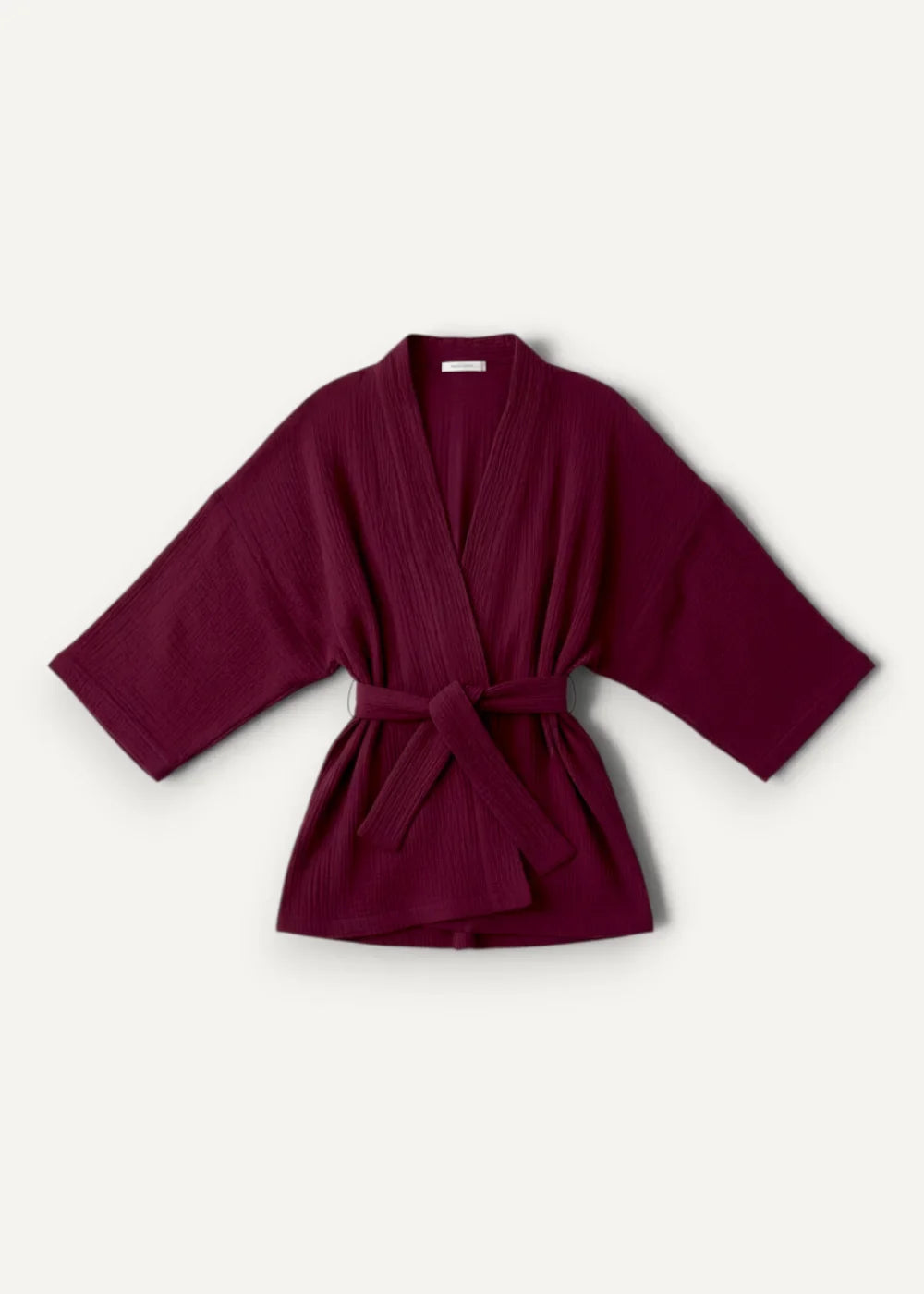 A soft ribbed maroon kimono-style robe with matching belt perfect for comfortable loungewear