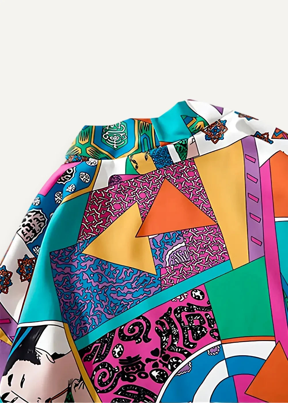 Casual haori vibrant patchwork blouse with bold geometric patterns and playful cartoon motifs in teal pink orange and purple
