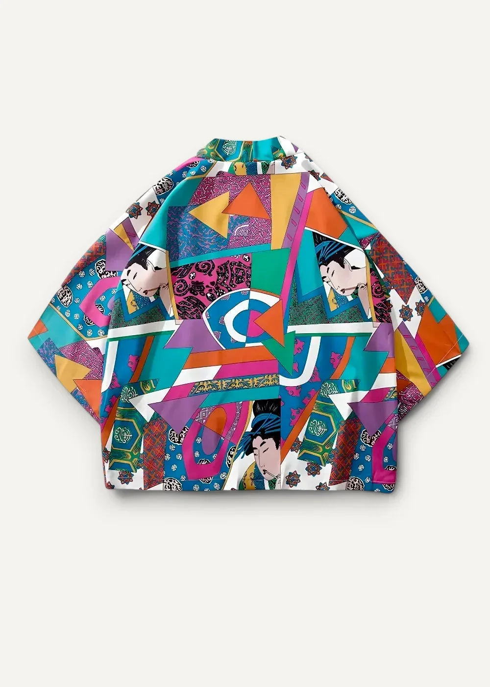 Vibrant patchwork casual haori with bold geometric patterns and anime-inspired characters in teal magenta orange and purple