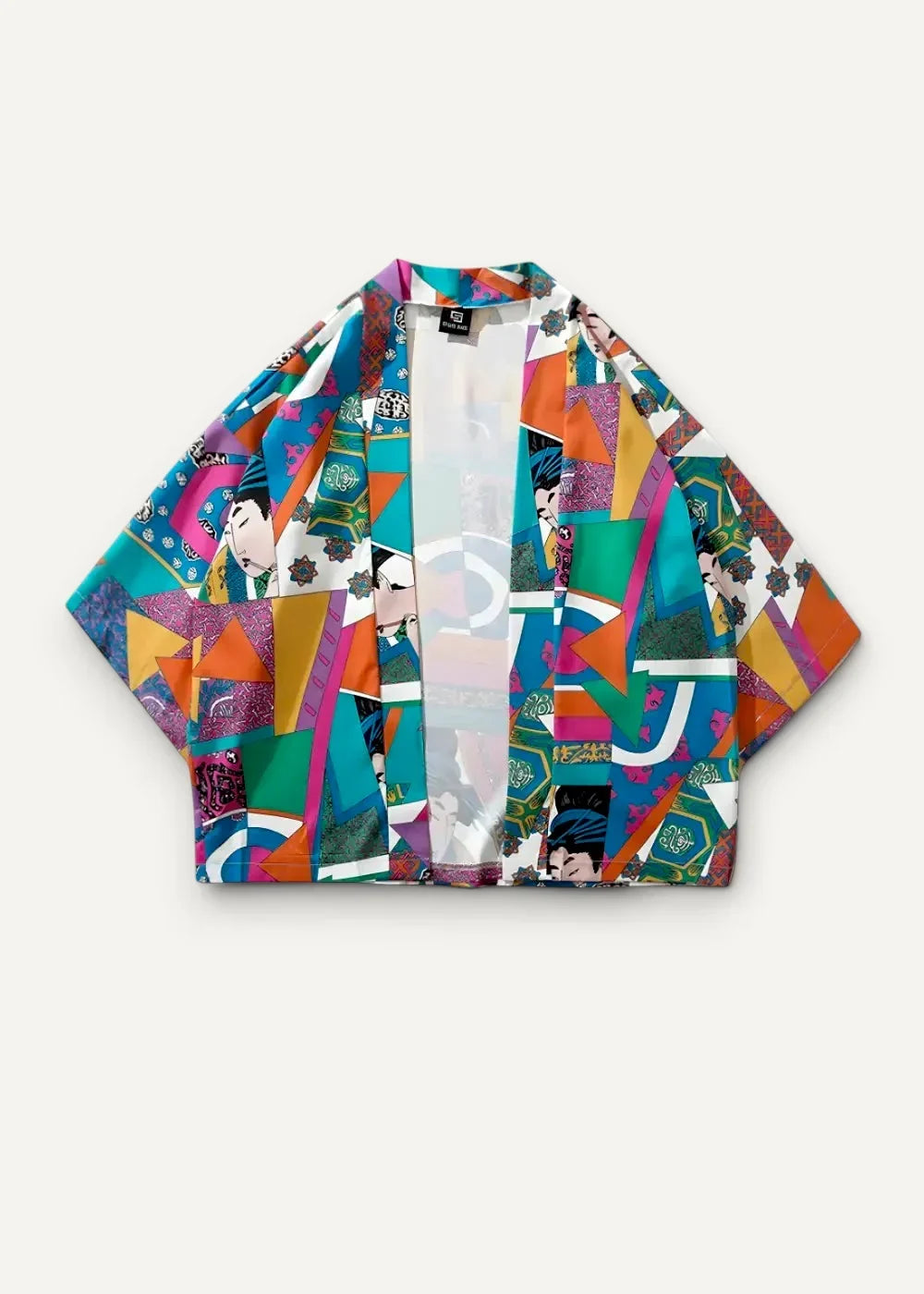 Casual haori kimono jacket with vibrant patchwork of geometric patterns and geisha illustrations in teal orange pink and green