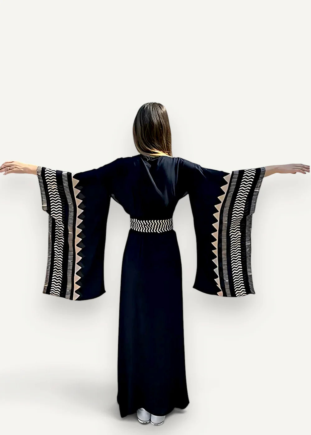 Black casual kimono maxi dress with wide flared sleeves featuring bold black and white geometric edges