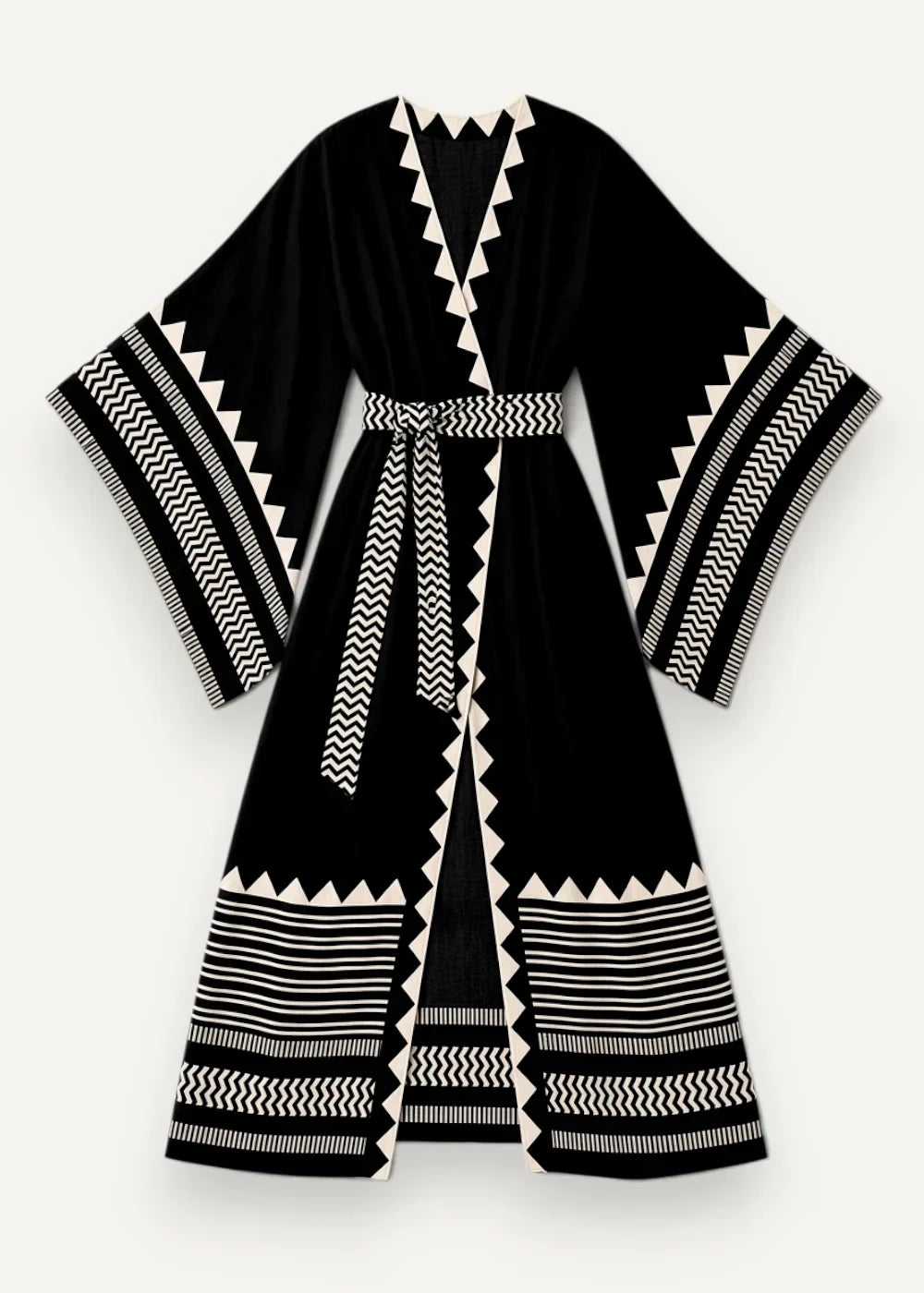 Black velvet casual kimono with bold white geometric patterns and a matching belt displayed from the front