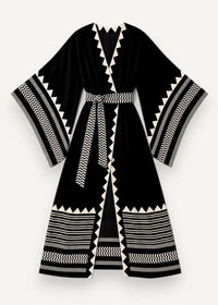 Black velvet casual kimono with bold white geometric patterns and a matching belt displayed from the front