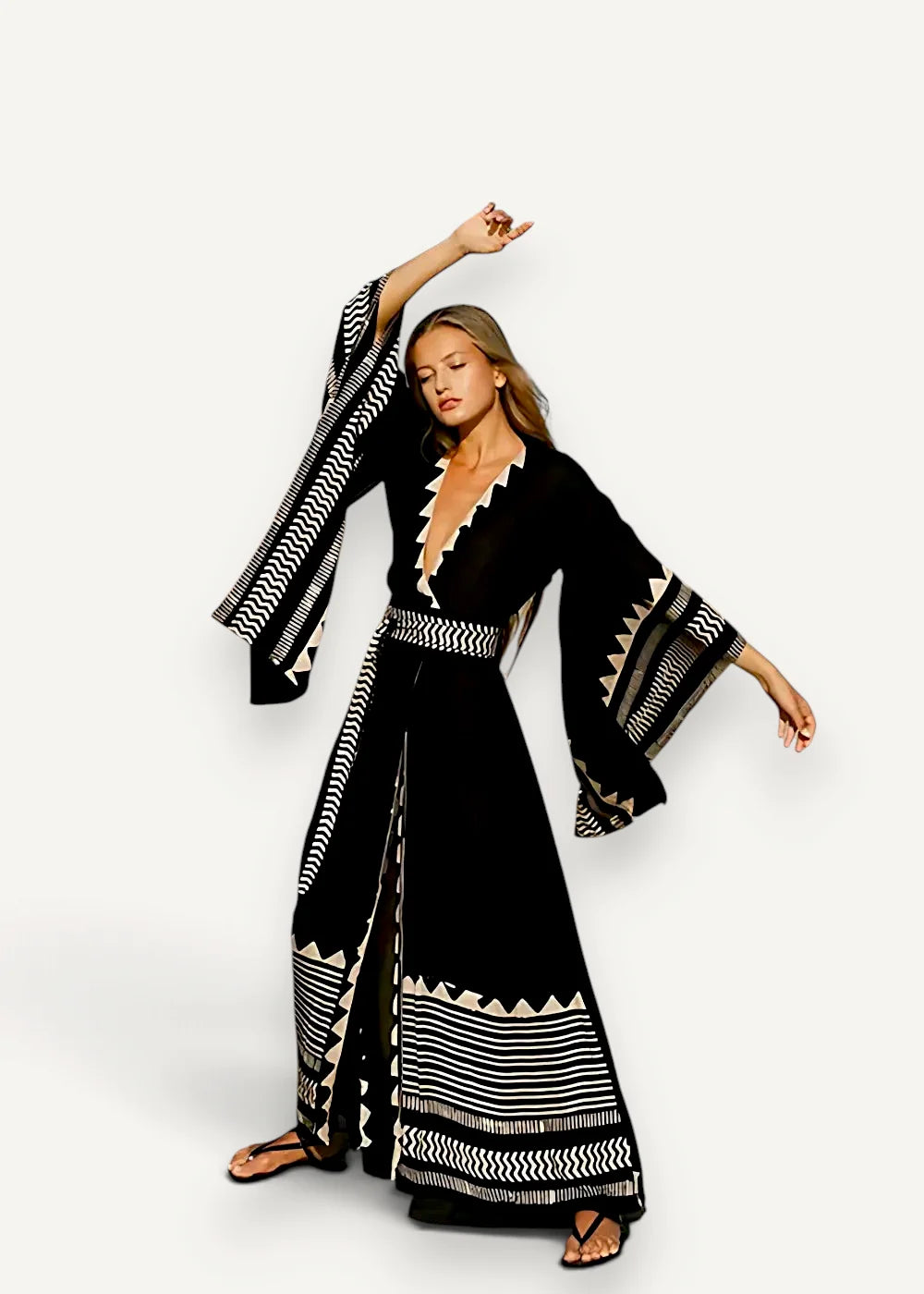 Black and white geometric patterned wide leg maxi dress with bell sleeves casual kimono style for everyday wear