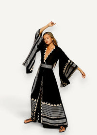 Black and white geometric patterned wide leg maxi dress with bell sleeves casual kimono style for everyday wear