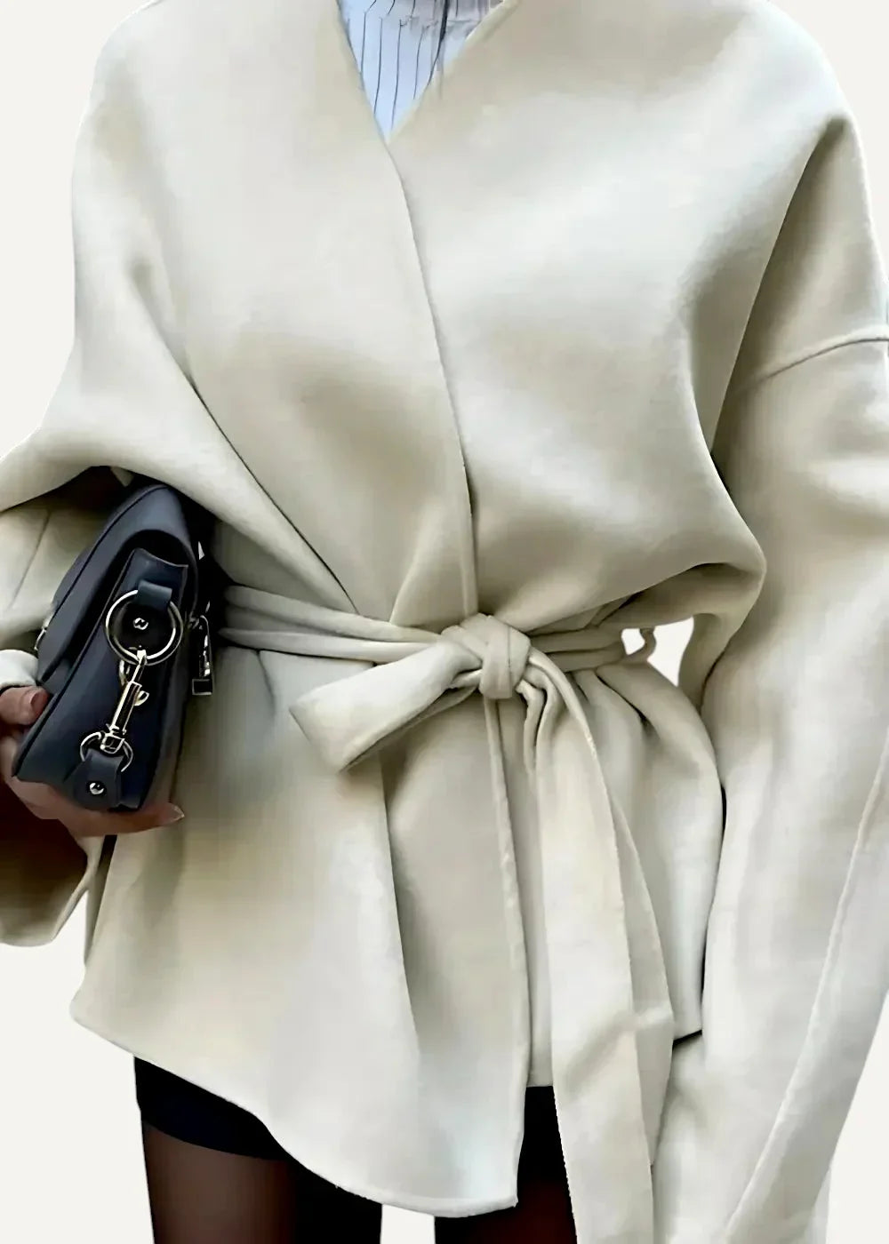 Woman wearing a cream casual kimono jacket with a soft draped shape and a belted waist