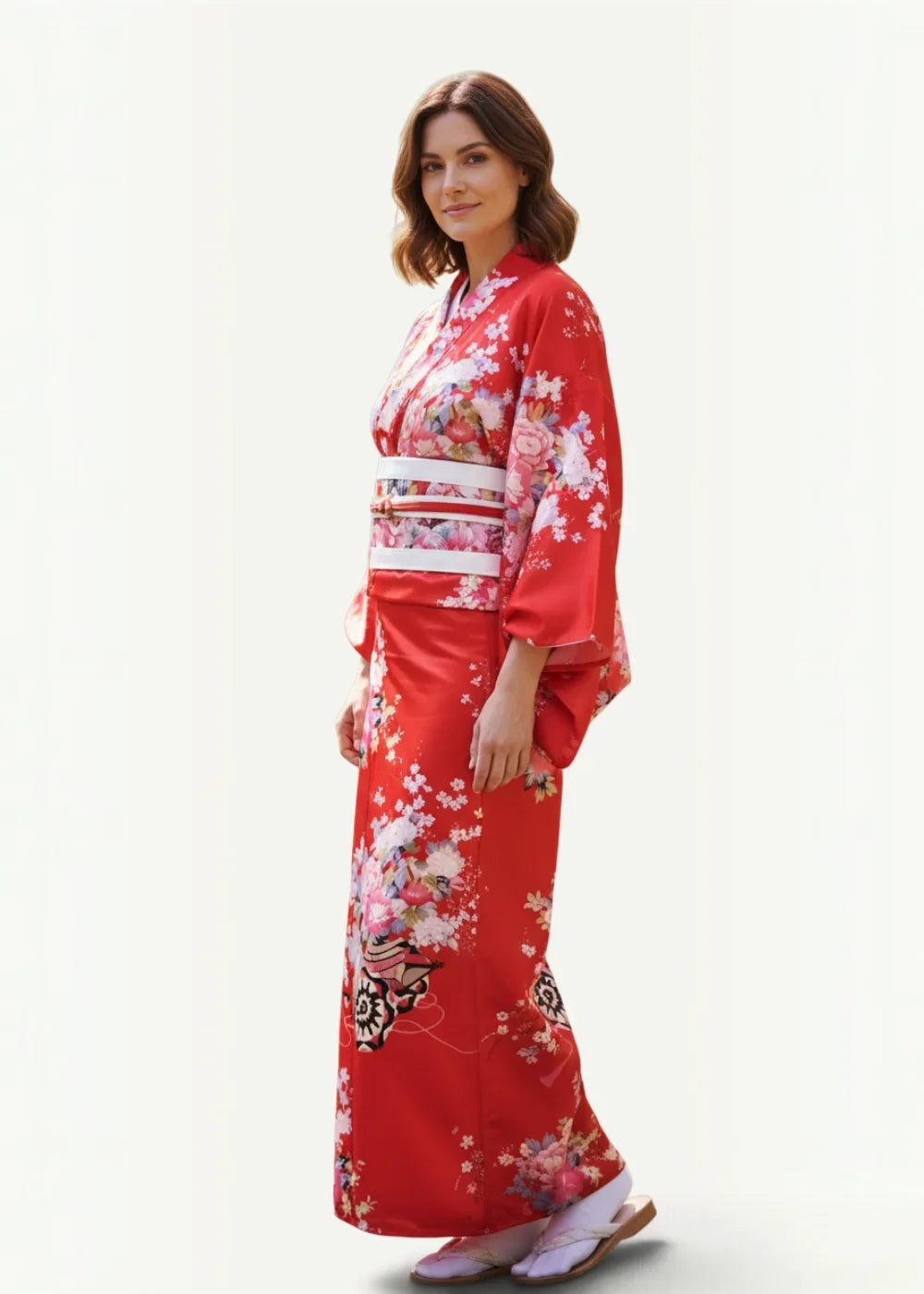 A vibrant red cherry blossom kimono with delicate pink white and black floral patterns in traditional style