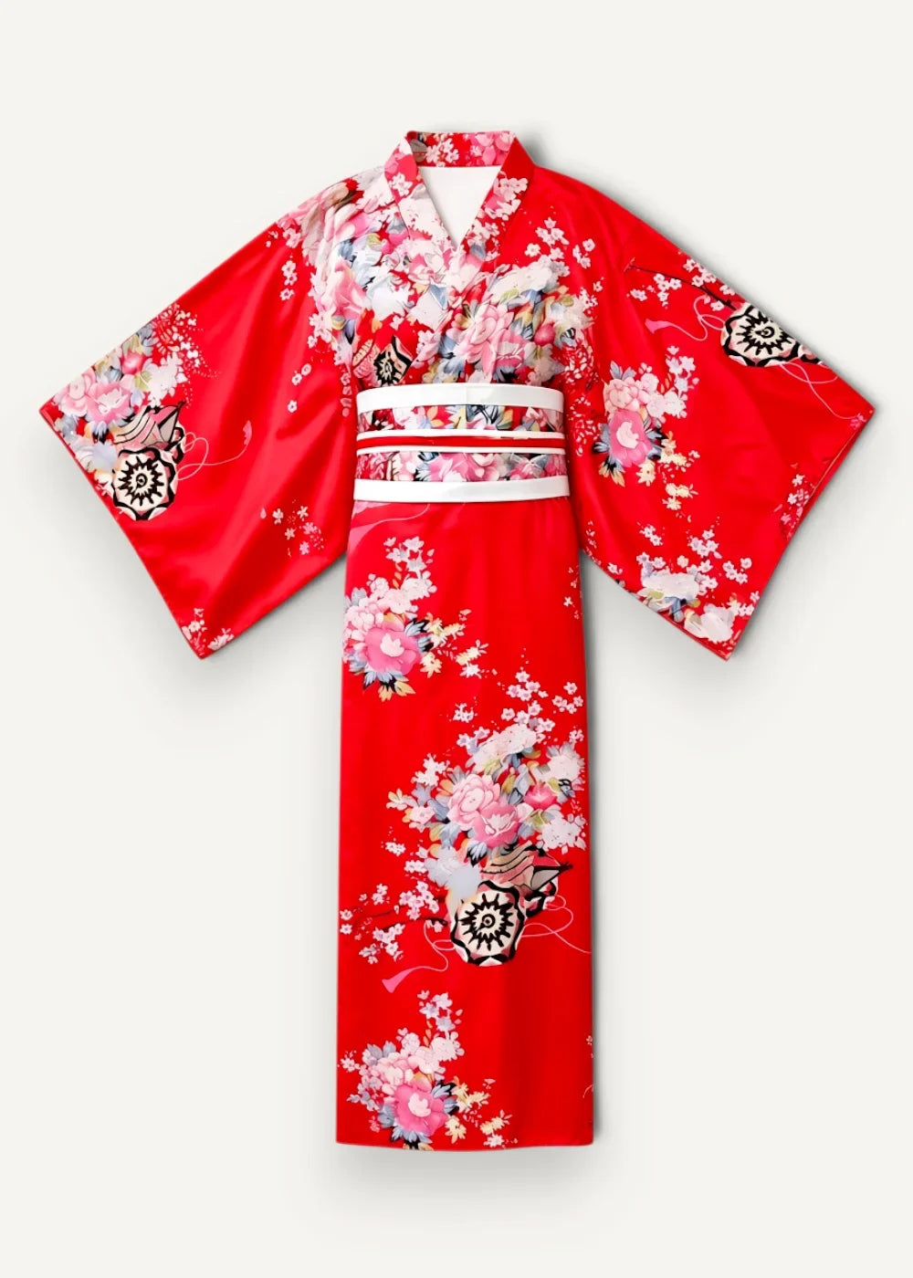 Vibrant red cherry blossom kimono with pink white and black floral pattern wide sleeves and ornate obi belt