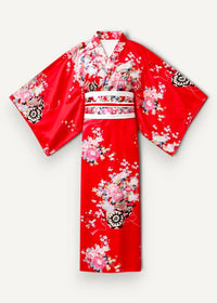 Vibrant red cherry blossom kimono with pink white and black floral pattern wide sleeves and ornate obi belt
