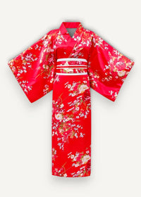 Vibrant red silk cherry blossom kimono adorned with intricate white pink and gold floral patterns