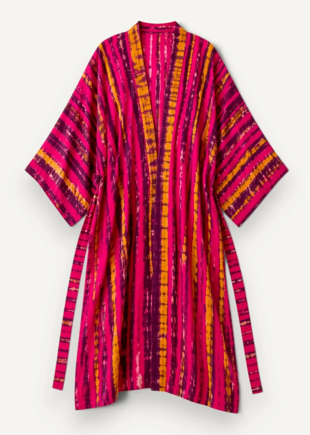 A vibrant pink and orange tie-dye chiffon beach kimono with a loose flowing silhouette