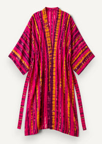 A vibrant pink and orange tie-dye chiffon beach kimono with a loose flowing silhouette