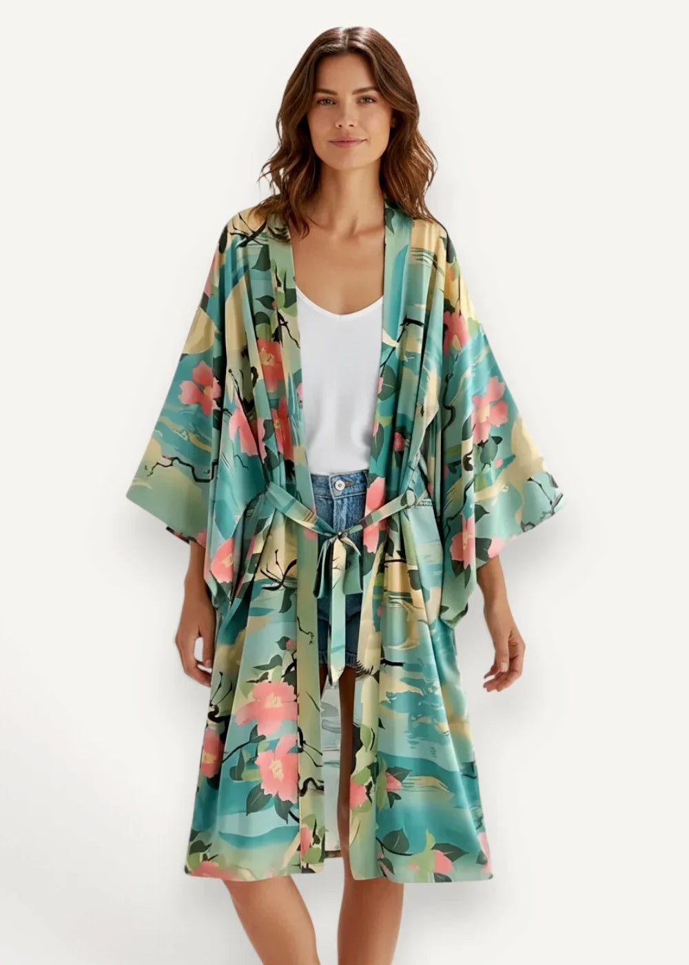 A flowing chiffon cover up kimono robe with long sleeves in vibrant pink blossom floral print on teal background
