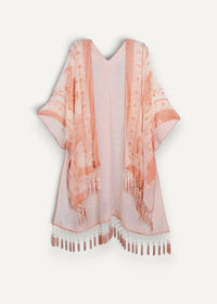 A delicate peach-colored chiffon kimono jacket with sheer fabric floral pattern and tassels along the hem