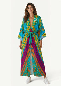 A vibrant turquoise blue long-sleeved kimono cover up dress with bold yellow and magenta floral patterns