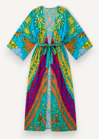Colorful kimono cover up with vibrant turquoise and magenta tie dye and bold yellow sunburst patterns with waist belt