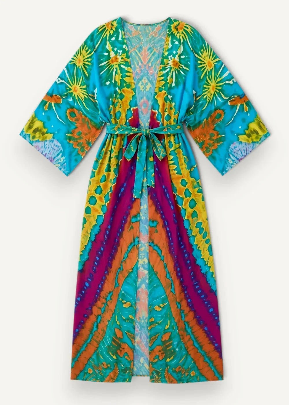 Colorful kimono cover up with vibrant turquoise and magenta tie dye and bold yellow sunburst patterns with waist belt