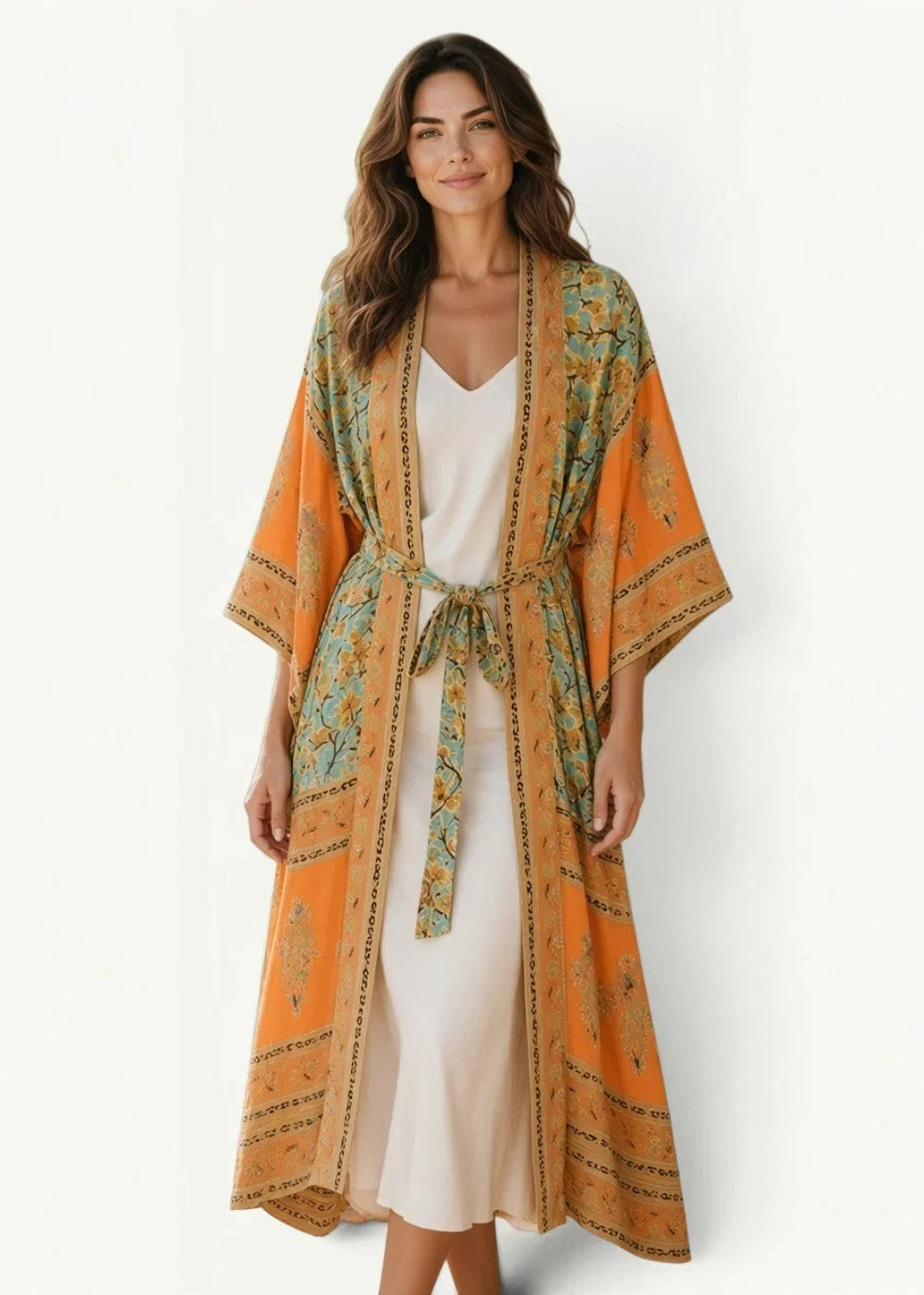 Cotton boho kimono in orange and green patterned fabric with a tie belt and kimono-style design