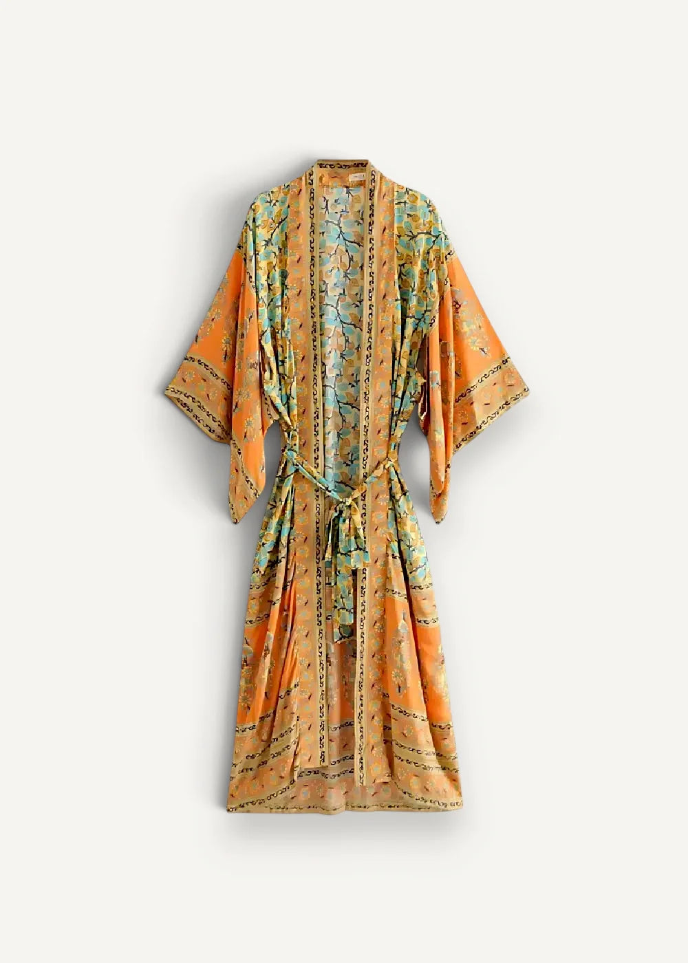 A flowing orange and teal patterned cotton boho kimono silk robe with a tie belt for comfortable wear