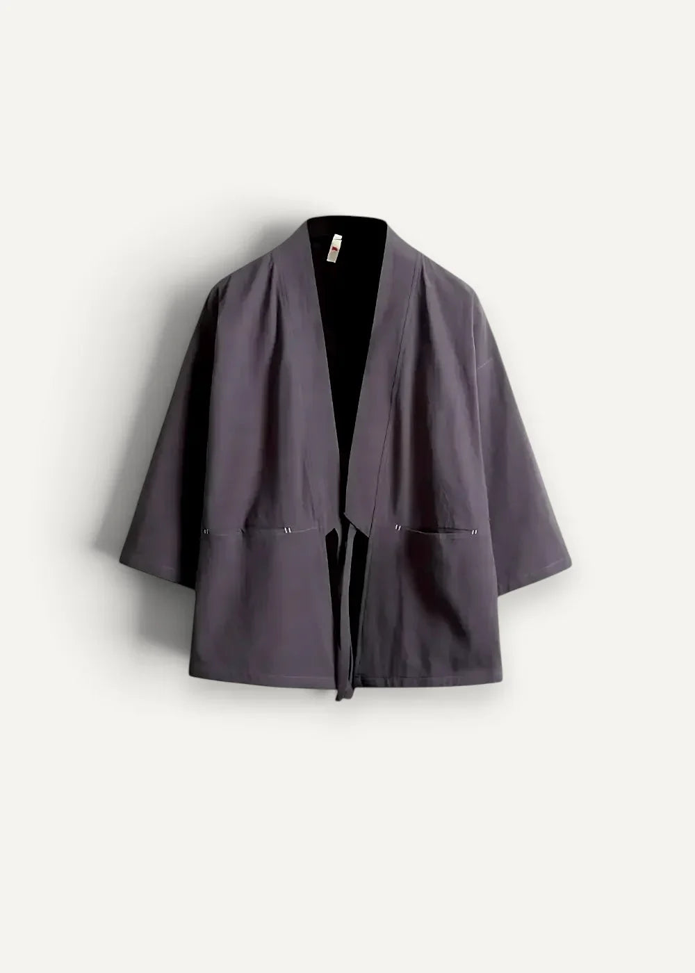 Dark gray minimalist cotton haori kimono jacket with loose fit and two front pockets