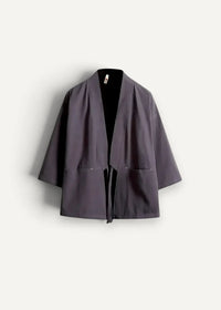 Dark gray minimalist cotton haori kimono jacket with loose fit and two front pockets