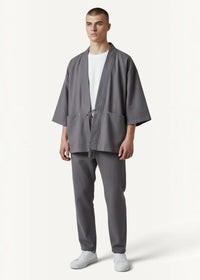 Gray linen cotton haori kimono jacket with relaxed fit and front pockets for casual layering