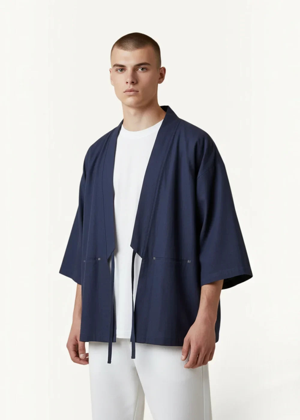 Navy blue cotton haori jacket with subtle vertical stitching and matching drawstring ties for stylish layering