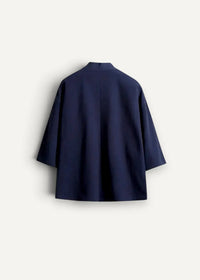 Navy blue oversized cotton haori jacket with high collar and three-quarter sleeves for stylish layering