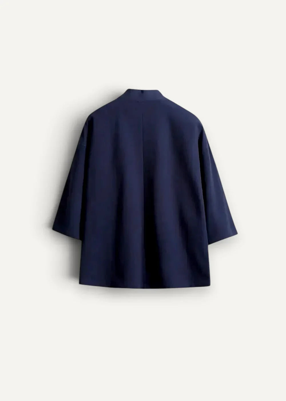 Navy blue oversized cotton haori jacket with high collar and three-quarter sleeves for stylish layering