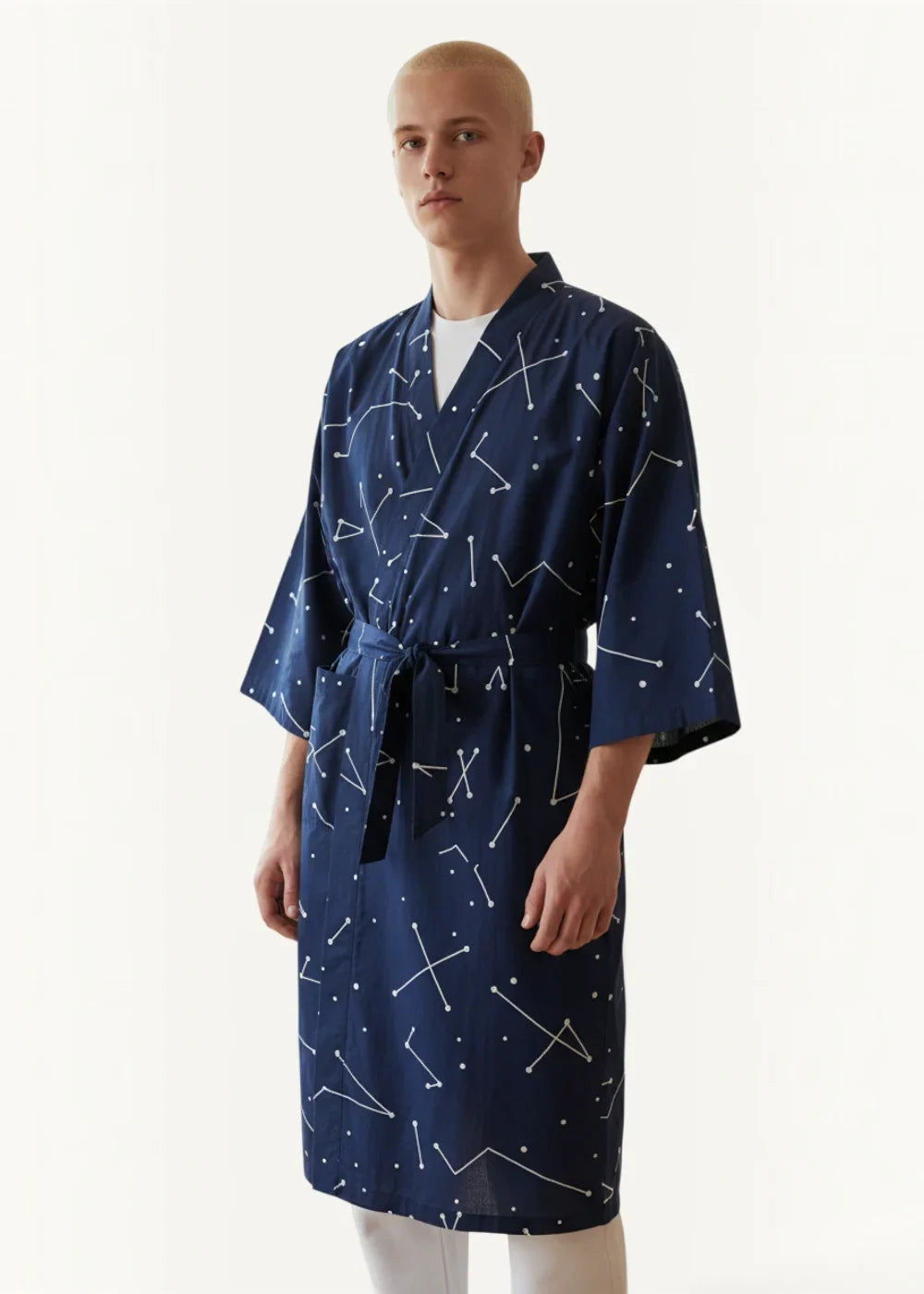 Navy blue cotton kimono bathrobe with white constellation pattern and matching belt shown from the back side