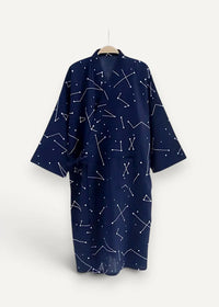 A navy blue cotton kimono bathrobe with white constellation pattern three quarter sleeves and v neckline