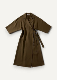 A sleek olive green cotton kimono dress with a classic collar and matching tie belt wrap coat style