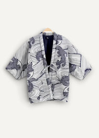 Cotton kimono jacket with gray and white wave and creature patterns, short sleeves, and black inner lining