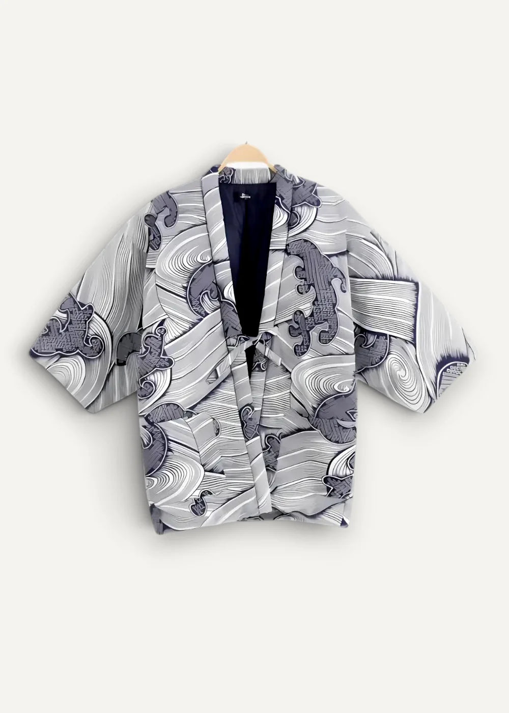 Cotton kimono jacket with gray and white wave and creature patterns, short sleeves, and black inner lining