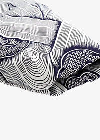 Cotton kimono jacket in navy blue and white with intricate swirling line art and geometric fabric patterns
